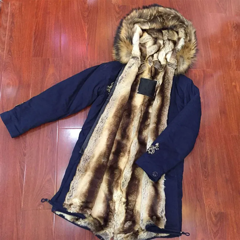 

Dark blue snake beading winter long coat natural faux fur inside with raccoon fur collar women parka