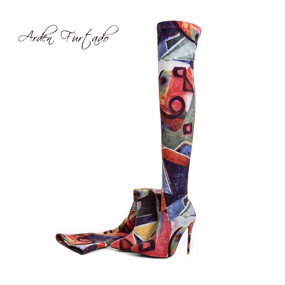 Женские сапоги выше колена на высоком каблуке с цветочным принтом|print boots|boots for