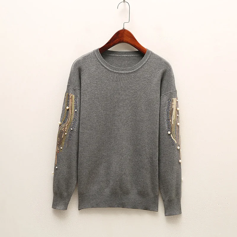 Knitted Embroidery Beads Pearl Women's Sweater Sequined O-neck Jersey Long Sleeve Pullovers Women 2020 Spring Sweaters Woman | Женская