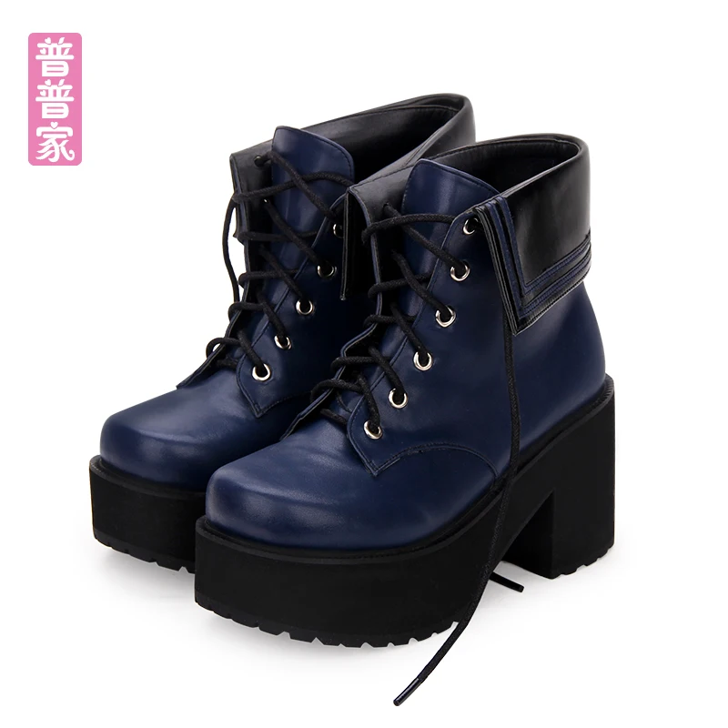 Princess sweet lolita shoes Japanese cool wind High heeled round head thick muffin collar Navy tie short boots women pu8878 Обувь