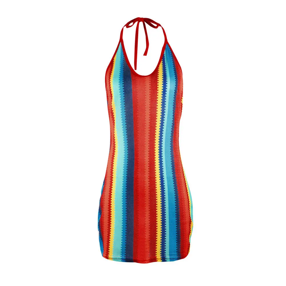 

LOSSKY Strapless Striped Mini Dress Sexy Halter V Neck Backless Female Summer Bodycon Dresses Fashion Ladies Colorful Club Dress