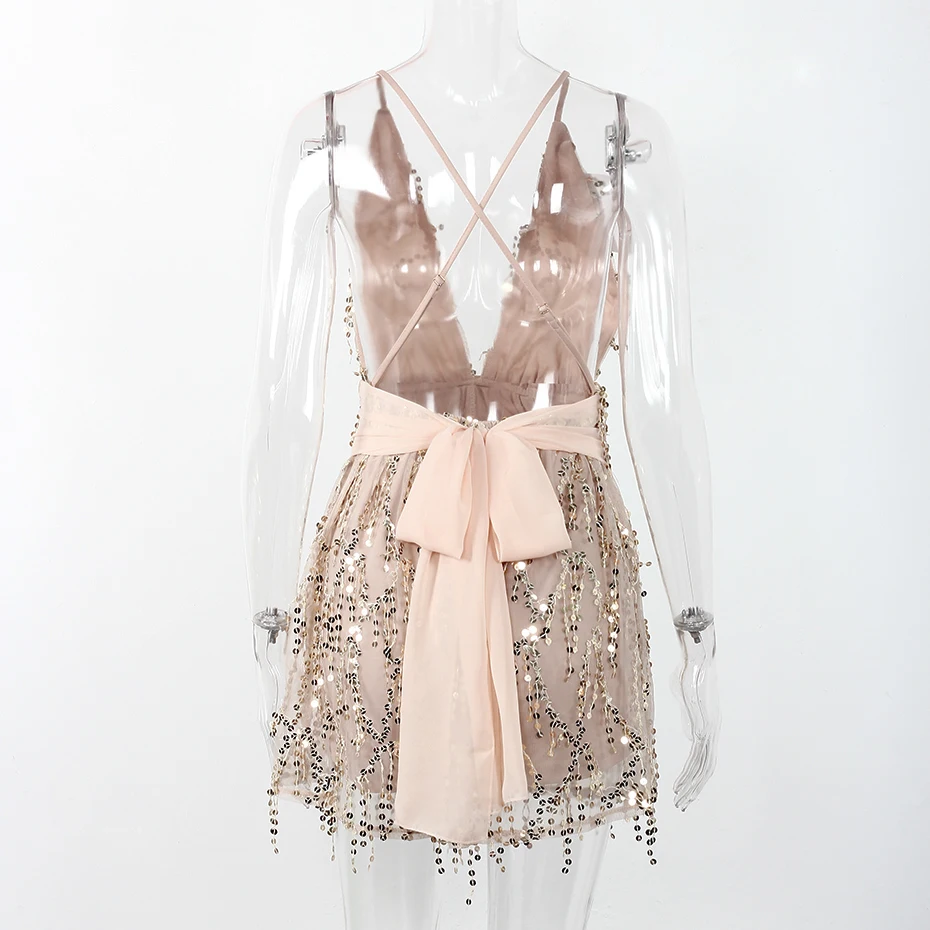 Women Party Dresses Summer New Fashion Sleeveless Deep V Neck Sequin Dress Women Black Spaghetti Strap Sexy Dress Backless