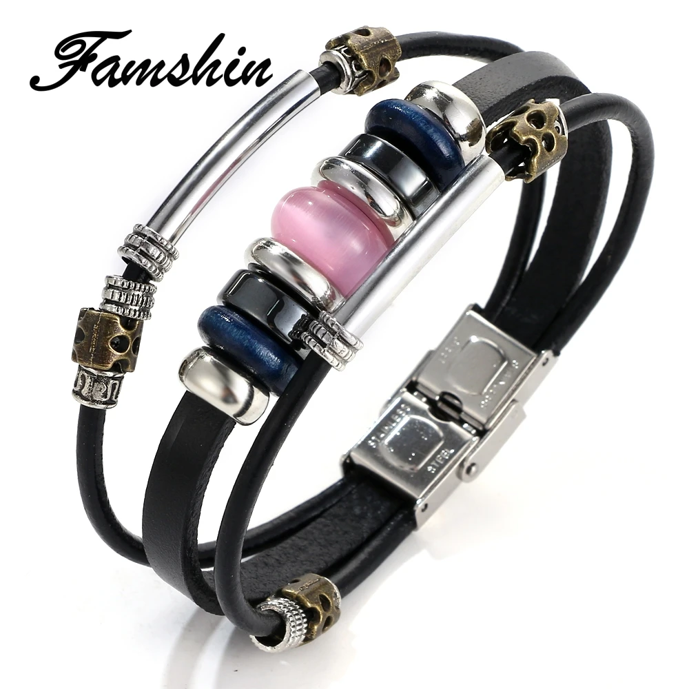 Многослойный кожаный браслет FAMSHIN с розовым опалом и бусинами модные плетеные