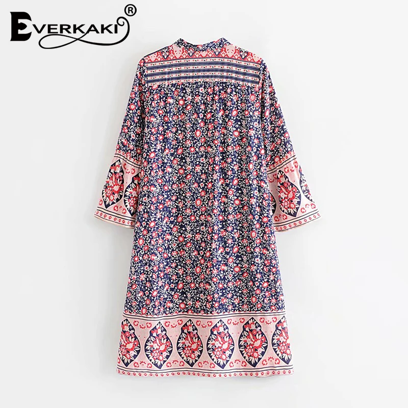 Everkaki Boho длинное платье с цветочным принтом для женщин Цыганское Платье с круглым вырезом и пуговицами богемное женское платье свободное пляжное женское лето осень