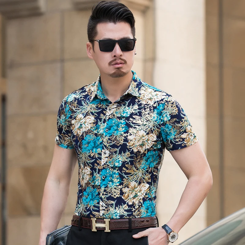 2018 модная мужская рубашка тонкая с коротким рукавом и цветочным рисунком Мужская