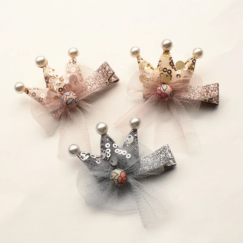 

18 шт./лот modish Girls блестящие заколки в форме короны с блестками детский зажим для волос марлевые банты головные уборы с жемчугом детская шпилька