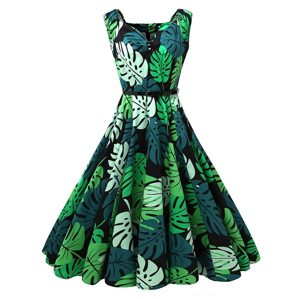 Винтажное шикарное платье 2019 летнее женское модное принт с зелеными листьями v