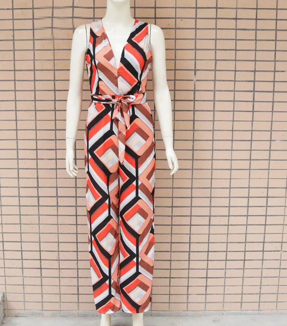 Sexy V Neck Geometric Printed Wide Leg Jumpsuit Women Sleeveless Sashes Party Beach Casual Summer Maxi Overalls | Женская одежда