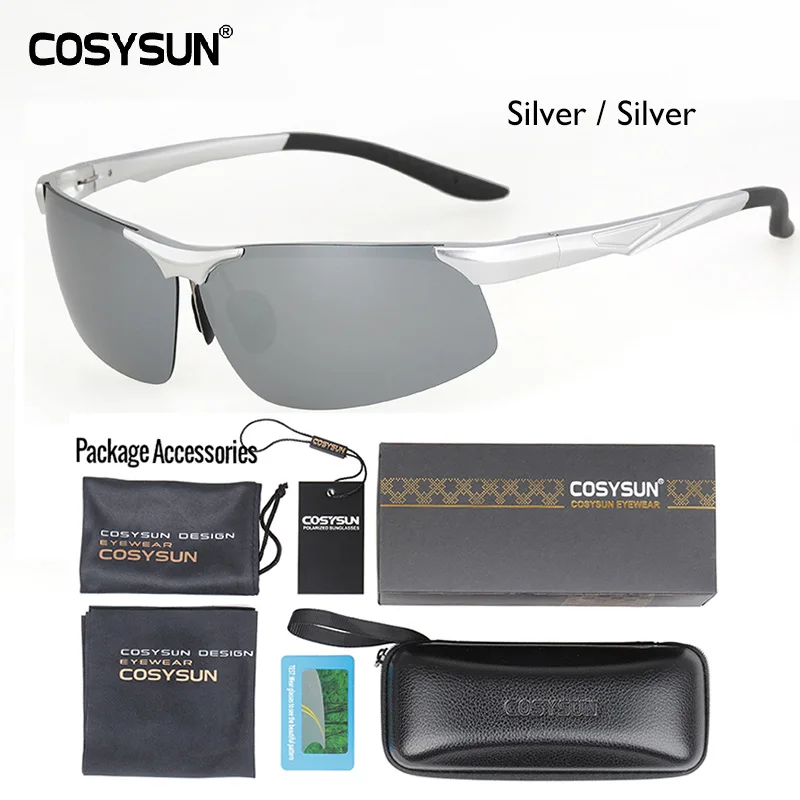 SilverMirroLuxuryPKG COSYSUN, Брендовые мужские солнцезащитные очки, мужские поляризованные солнцезащитные очки, без оправы, алюминиевый сплав, зеркальные линзы, солнцезащитные очки для вождения, Oculos de sol CS0511 - Цвет линз: SilverMirroLuxuryPKG