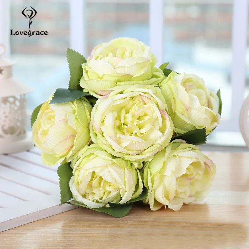 Green Lovegrace Свадебный букет Белые пионы Цветочные Свадебные букеты невесты красные цветы Искусственные Свадебные украшения для дома - Цвет: Green