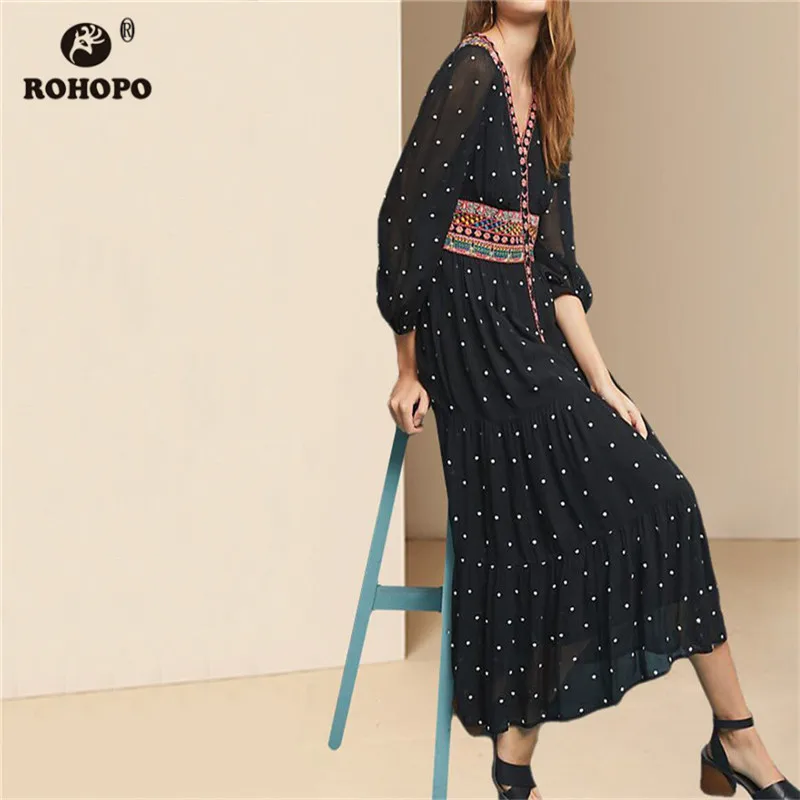 Женское винтажное платье средней длины ROHOPO Черное Шифоновое Платье макси с