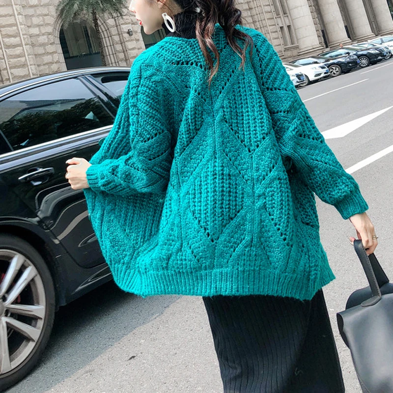 PERHAPS U Women Sweater Knitted Long Sleeve Green Cardigans V Neck Winter Outwear Loose M0031 |