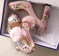 vintage watches and clocks crystal heels pumps pink pom pom decor chunky high heel dress shoes women diamond wedding shoes bride