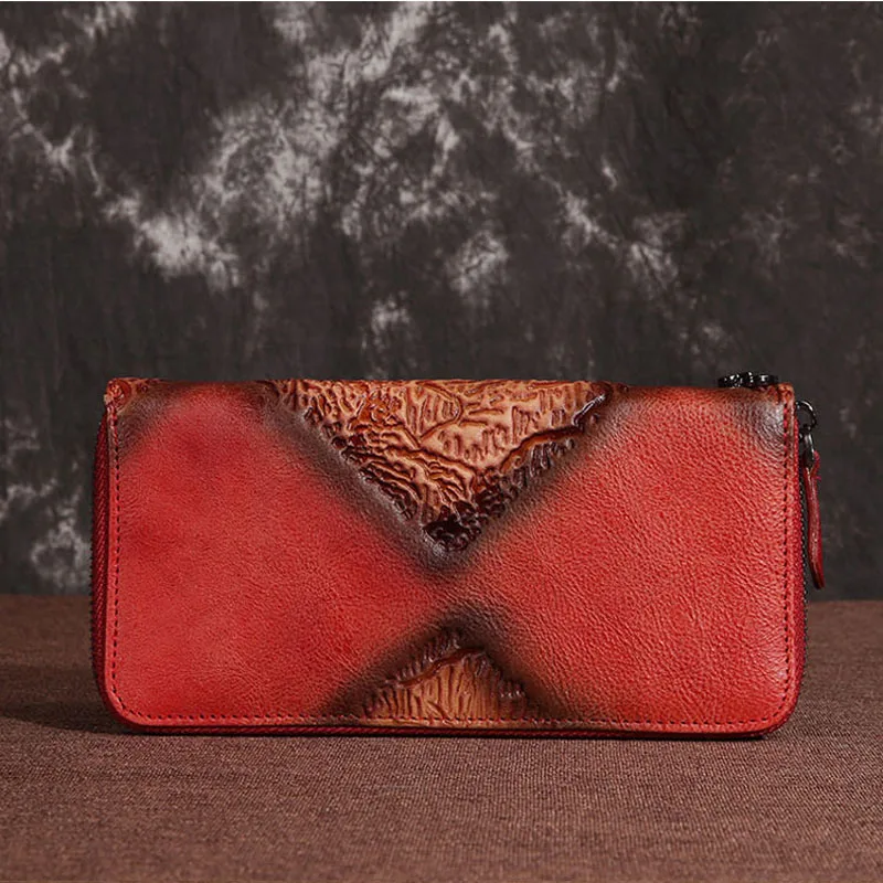 Vintage red Женский кошелек ретро дизайн кожаный браслет кошельки женский мульти карта Длинный кошелек на молнии из натуральной кожи - Цвет: Vintage red