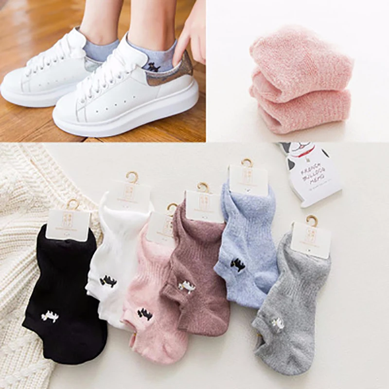 Новые летние модные женские короткие носки однотонные хлопковые с вышивкой и