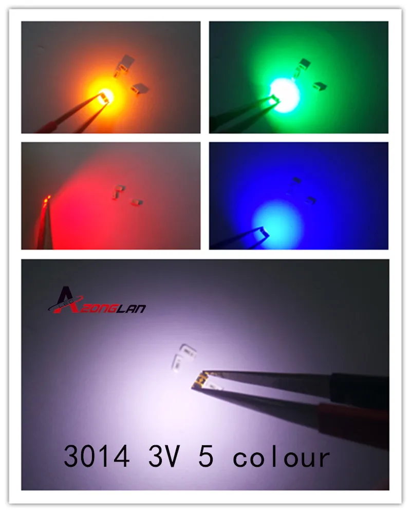 100 шт./лот 5 цветов 3014 3 в SMD Led супер яркий красный/зеленый/синий/желтый/белый
