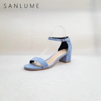 sanlume new summer kid suede high heels sandals women pumps jelly shoes woman leather sandals ankle strap thick heels peep toe