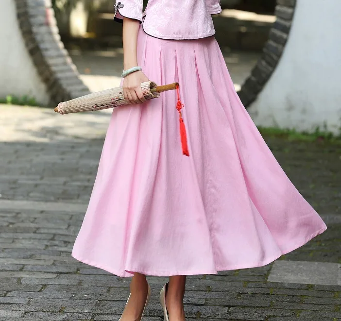 pink skirt Женский китайский Топ Cheongsam, блузка из хлопка с вышивкой сливы, 7 точек, рукав Tang 4XL размера плюс - Цвет: pink skirt