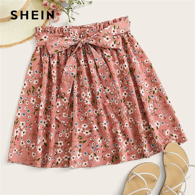 SHEIN, Boho, темно-синяя, с цветочным принтом, с поясом, расклешенная юбка, женская, летняя,, повседневная, плиссированная, Мини юбка