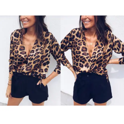 Осень 2018 женская блузка рубашка с леопардовым принтом Топ длинным рукавом и V