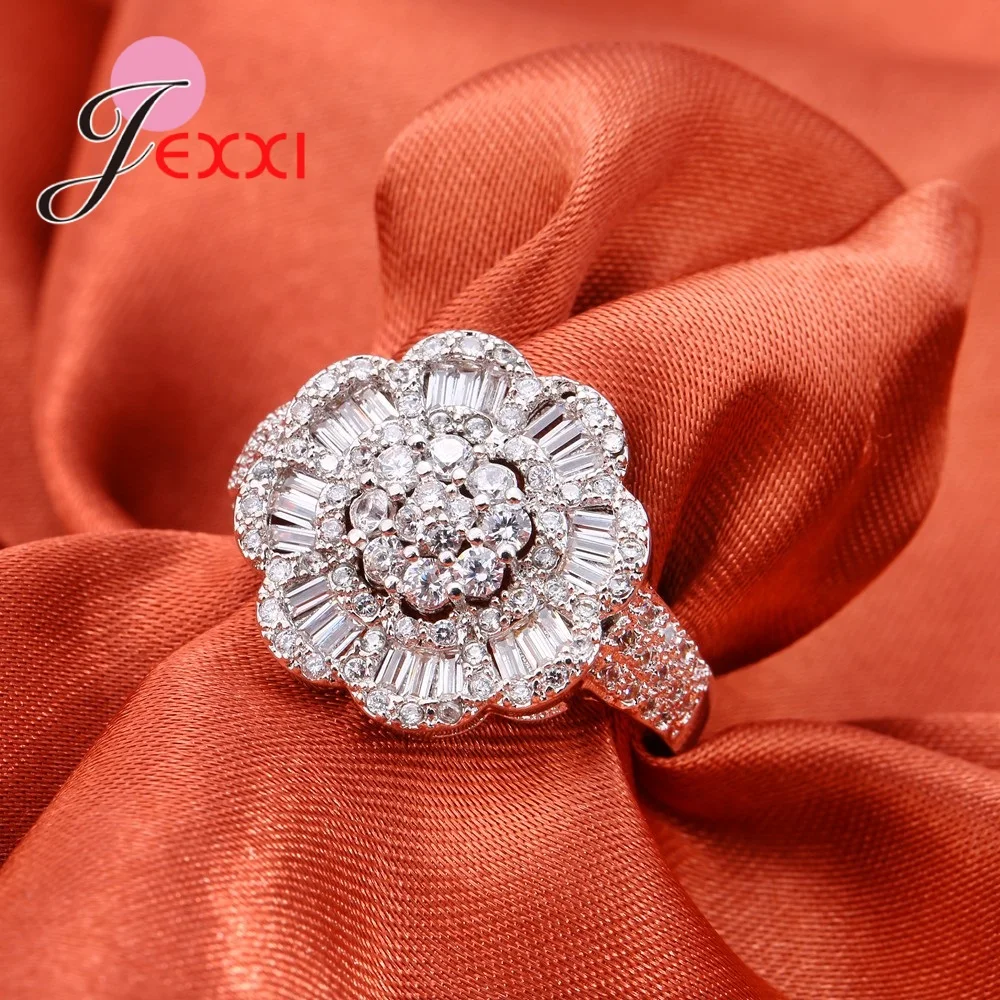 

Full Shiny Cubic Zircon Flower Rings Luxury Women Wedding Birthday Gift High Quality Ladies Jewelry 925 Sterling Silver Ring