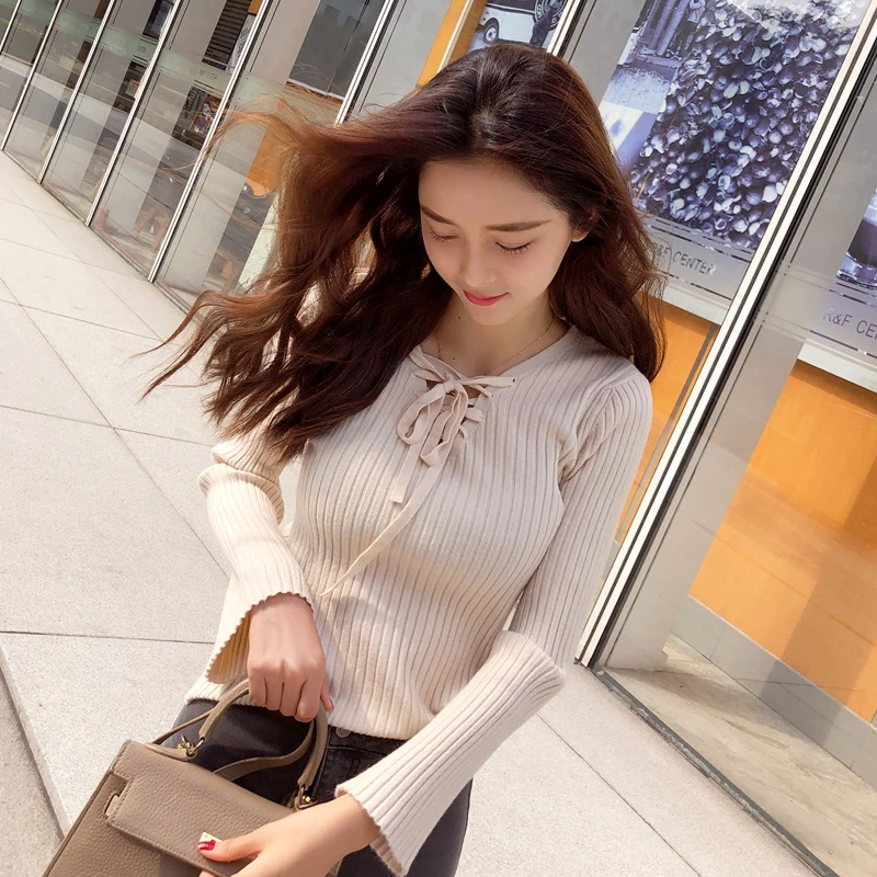 Sweater Pullover Female Autumn 2018 New Korean Edition Long Sleeve Slim Bottom Shirt Top Knitted Fashion MX17D5130 | Женская одежда