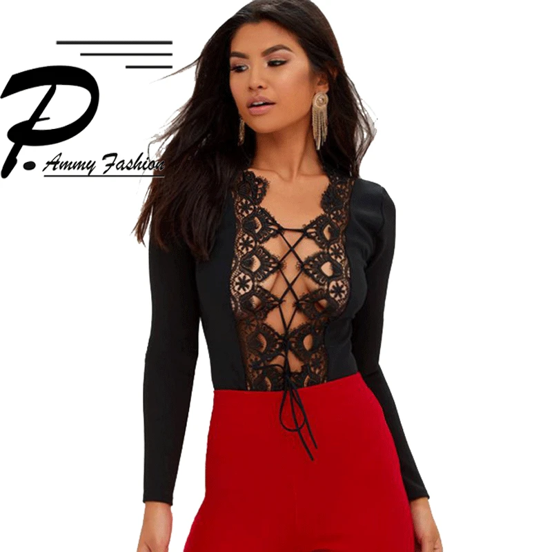 Sexy Deep V Neck Lace Up Tee Bodysuit Long Sleeve T shirts Top 2017 New Fashion Women Club Jumpsuit Playsuit Romper | Женская одежда