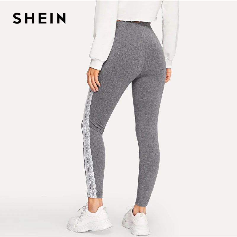 SHEIN серые кружевные леггинсы с аппликацией по бокам, женские леггинсы на лето, весну, осень, миди Талия, спортивные, для фитнеса, тренировки, базовые леггинсы