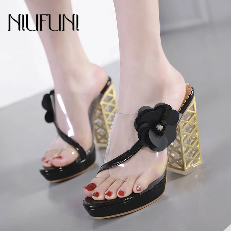 

Peep Toe Transparent Flower Square Heel Women's Sandals High Heels Low Waterproof Platform NIUFUNI 2020 Elegant Female Slippers