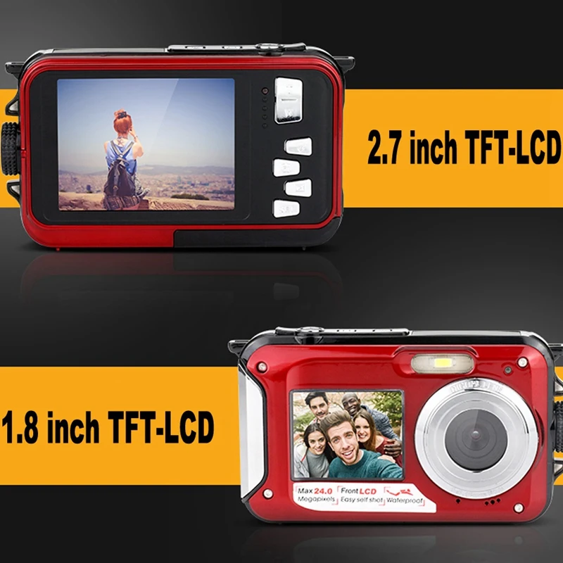 Двухэкранная цифровая Водонепроницаемая камера/видеокамера 1080P 2400W Pixel 16X