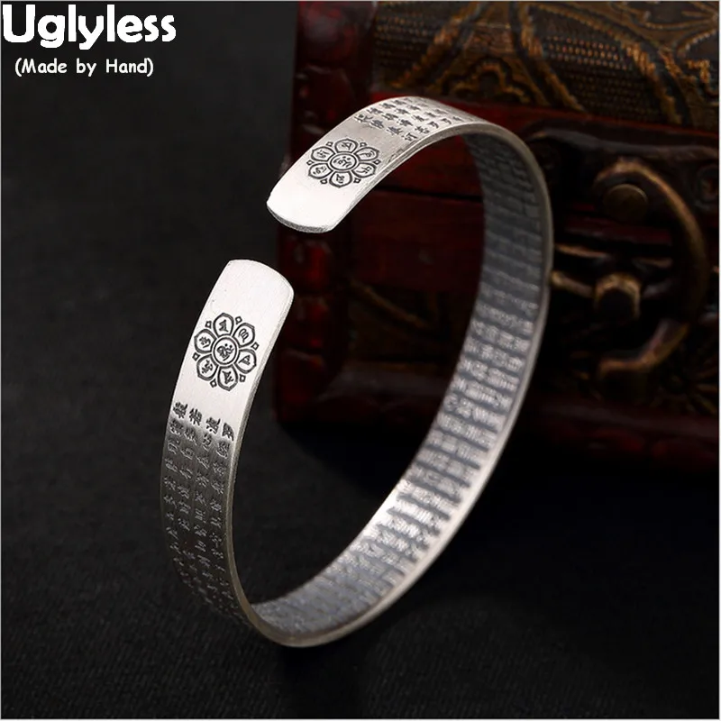 

Uglyless 99.9% Full Silver Buddhism Bangles for Women Heart Sutra Buddha Open Bangles Adjustable Religious Thai Silver Jewelry