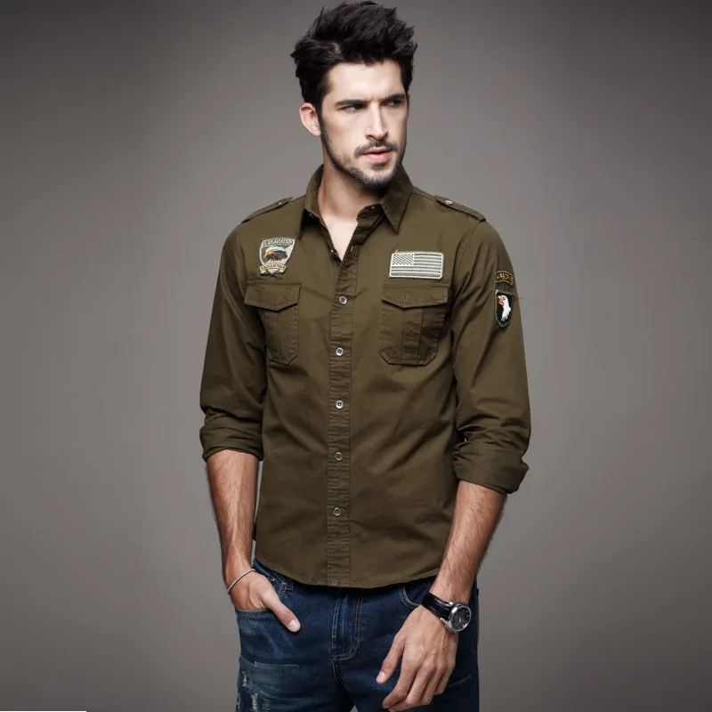 Рубашка мужская с длинным рукавом из чистого хлопка в стиле милитари|uniform shirts