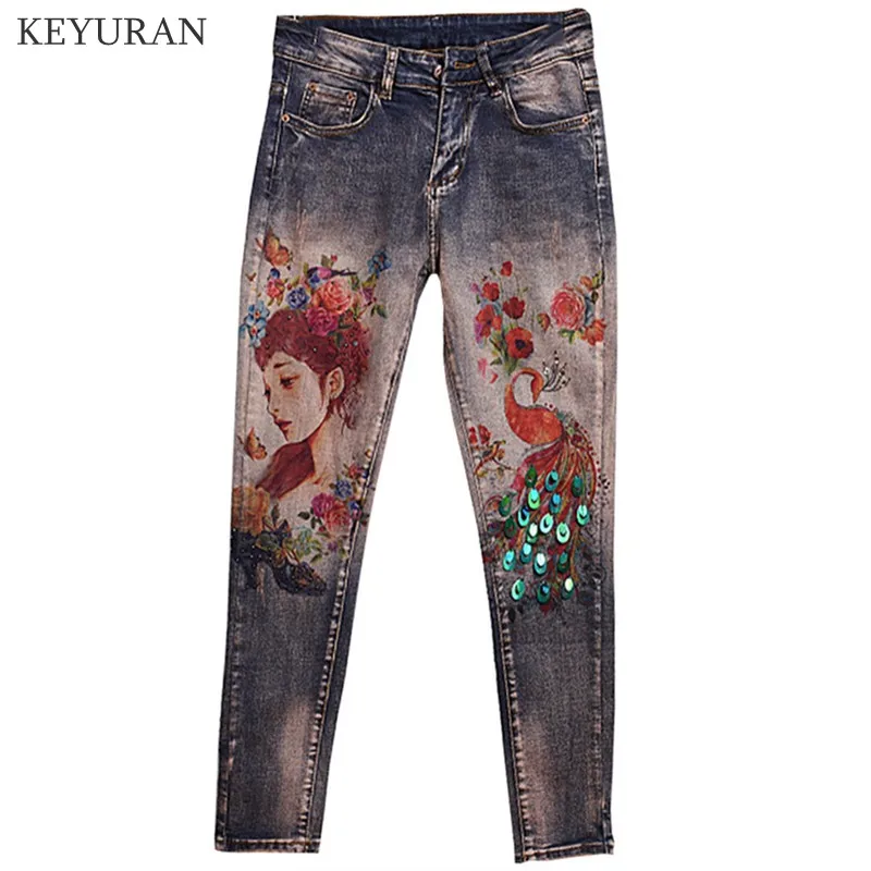 Джинсы женские Стрейчевые с 3D принтом узкие брюки скинни павлина и цветов