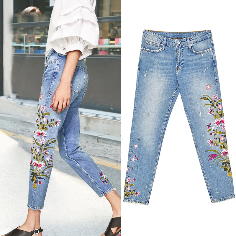 Новое поступление летний стильный вышивка вышитые Джинсы с прорехами Для женщин