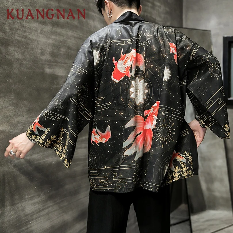 KUANGNAN красный карп печати кимоно для мужчин японское кимоно кардиган Harajuku кимоно рубашка Мужская Уличная Мужская гавайская рубашка 5XL Новинка
