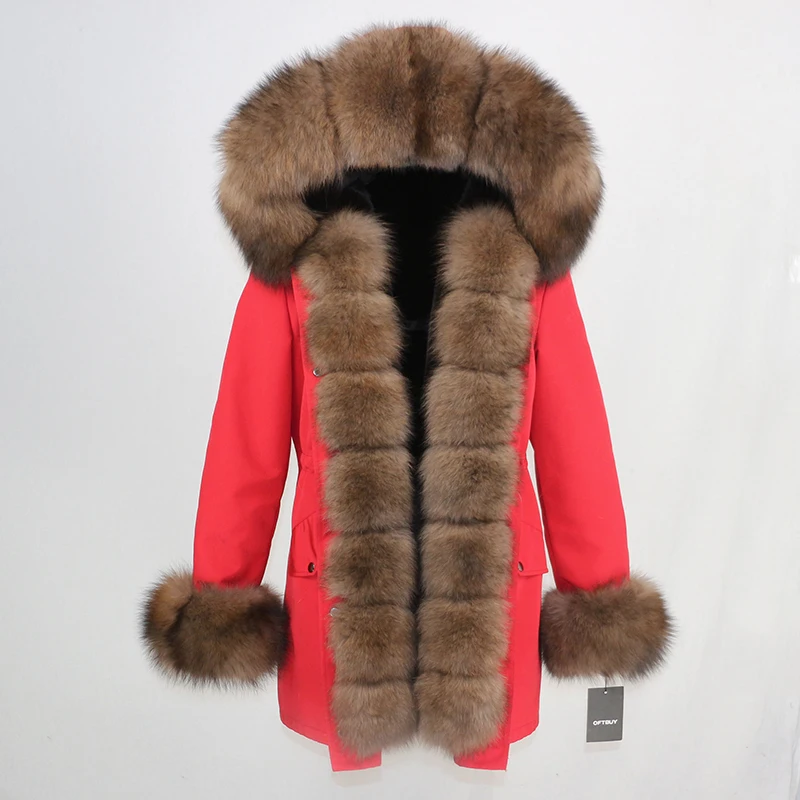 red dark brown Женская парка с натуральным лисьим мехом OFTBUY, бежевое пальто с отделкой из лисьего меха, свободная длинная парка, верхняя одежда со съемным мехом, зима - Цвет: red dark brown