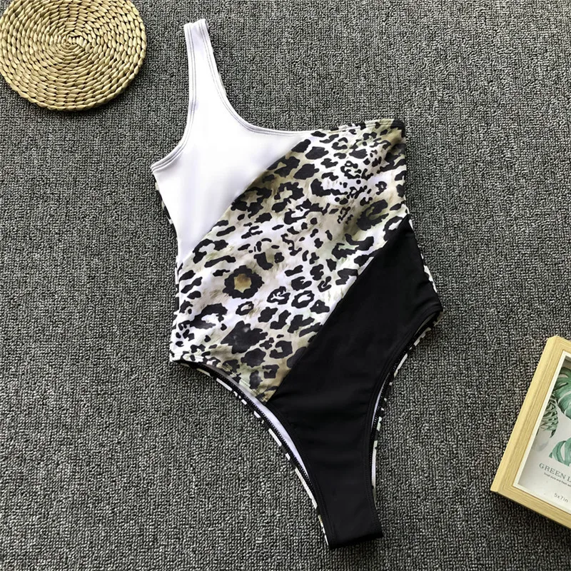 Лоскутный купальник с высокими плавками для женщин 2019 один плечо цельный женский