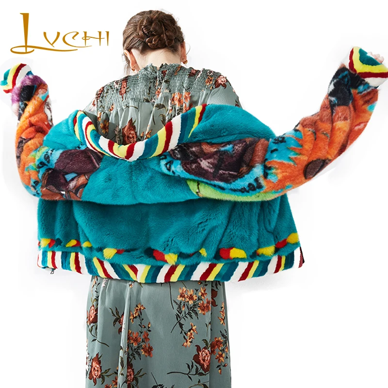 Женское бархатное пальто LVCHI Winter2017 облегающее из натурального меха норки с v