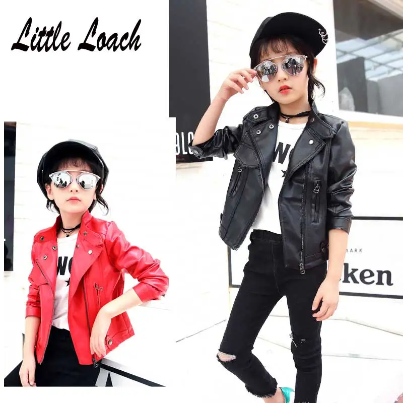 Куртка из искусственной кожи для девочек черное красное розовое мягкое пальто