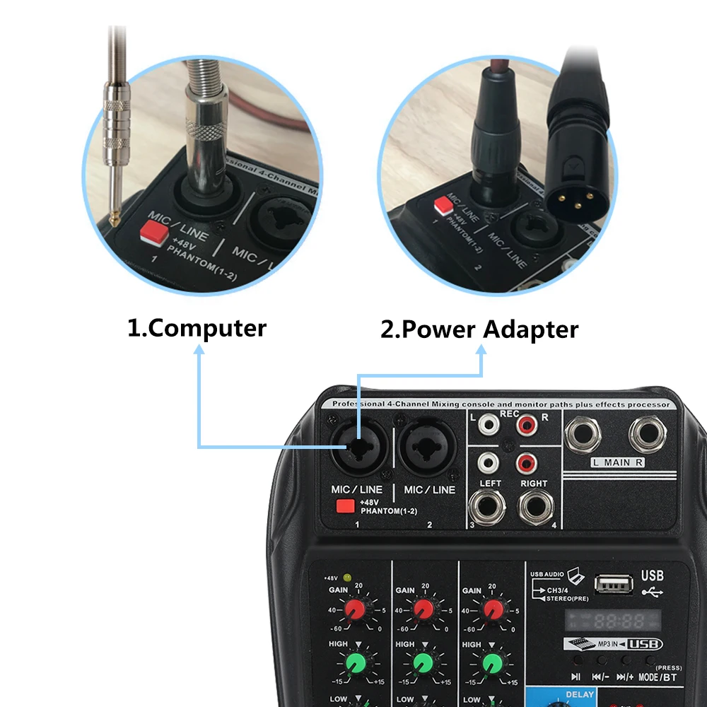 4-канальный аудиомикшер A4 звуковая микшерная консоль с Bluetooth USB-записью 48 В