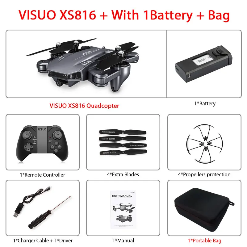 XS816 1B Bag Visuo XS816 оптическое позиционирование потока Rc Квадрокоптер с двойной камерой 2mp Wifi FPV Дрон управление жестами Дрон Vs XS809HW XS809S - Цвет: XS816 1B Bag