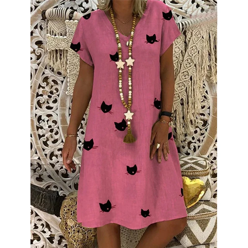 Женское платье с коротким рукавом V-образным вырезом и принтом кошки