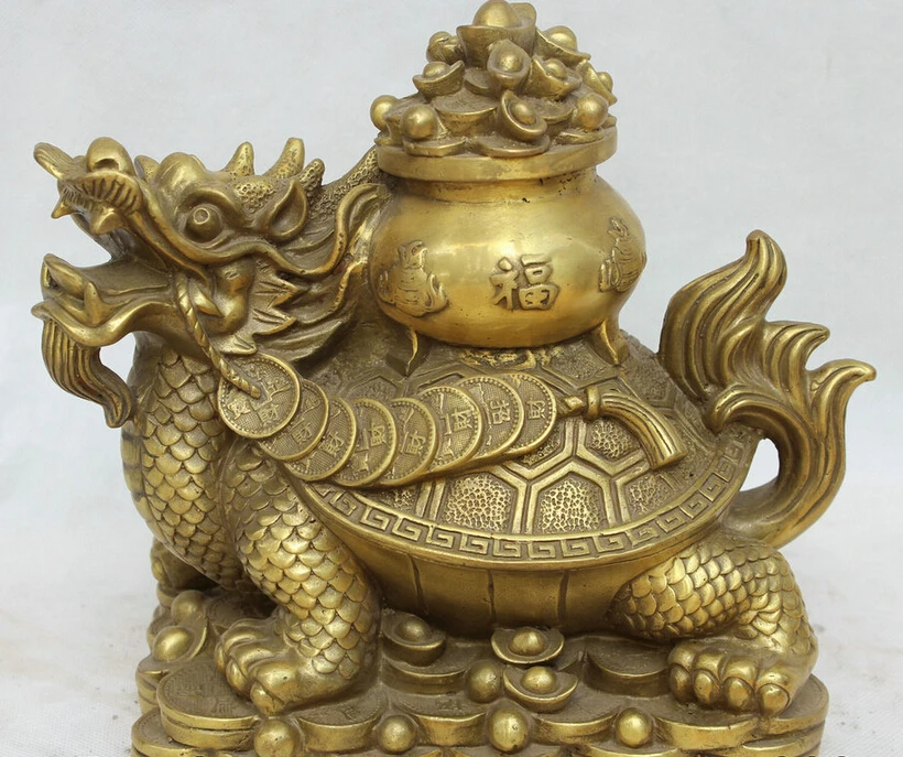 

song voge gem S1776 10" Chinese Bronze Wealth Feng Shui Treasure Bowl Dragon Tortoise Turtle Statue