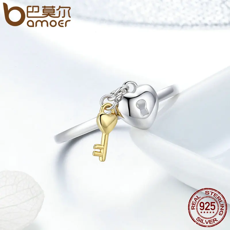 BAMOER 925 пробы Серебряное сердце замок с золотым цветом ключ палец кольца для женщин юбилей обручение ювелирные изделия S925 SCR205