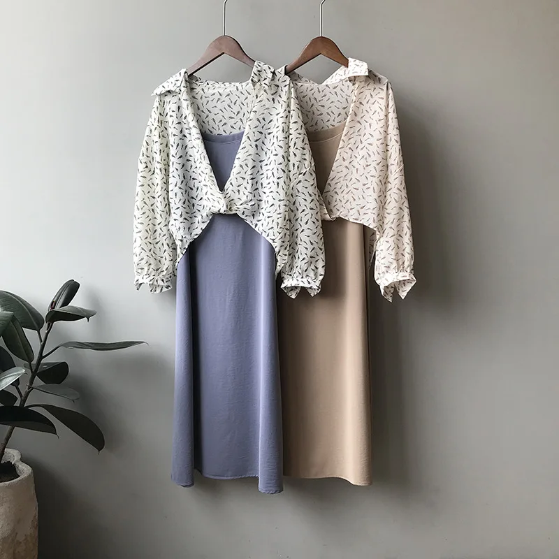 Ordifree Summer Women 2 Piece Set Dress Spaghetti Strap Long Slip Dress Boho Floral Print Blouse Shirt Top