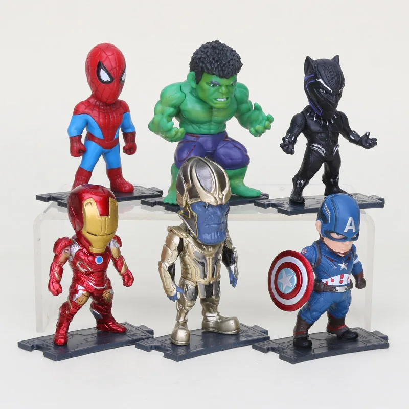 Игрушки Marvel, экшен-фигурки из ПВХ, герои фильма «Мстители: Война бесконечности» — Танос, Железный человек, Человек-паук, Капитан Америка, Халк, Чёрная пантера, 8–10 см, 6 шт./набор