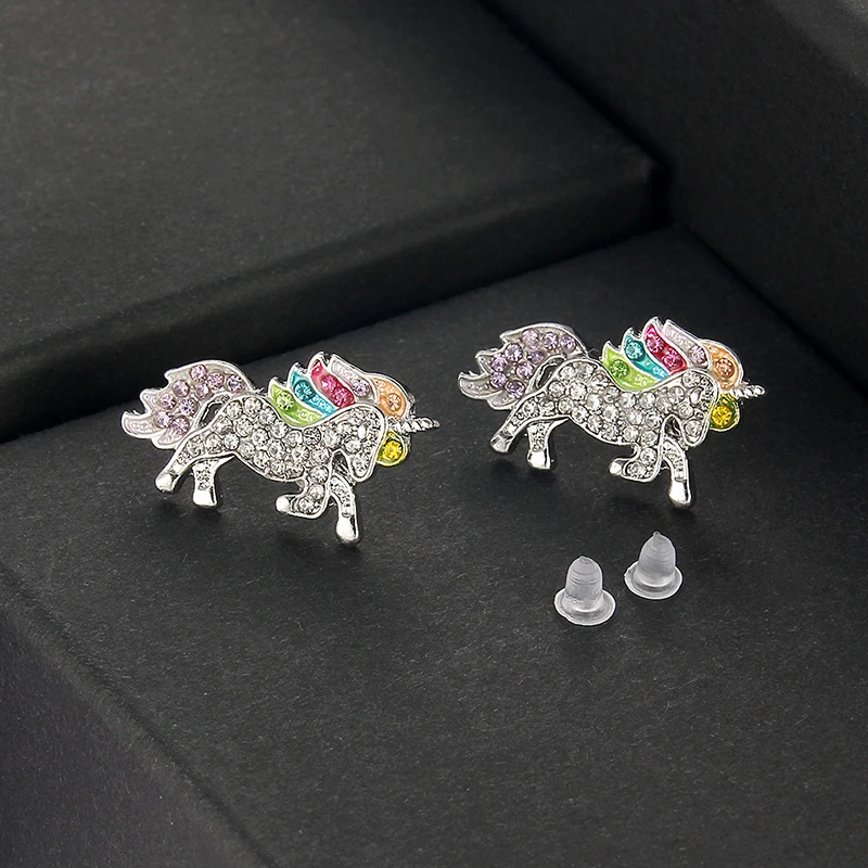 Wedding Stud Earrings Jewelry Crystal Unicorn Cute Animal Small Earrings Women Girl Birthday Gift Jewelry Party Accessories