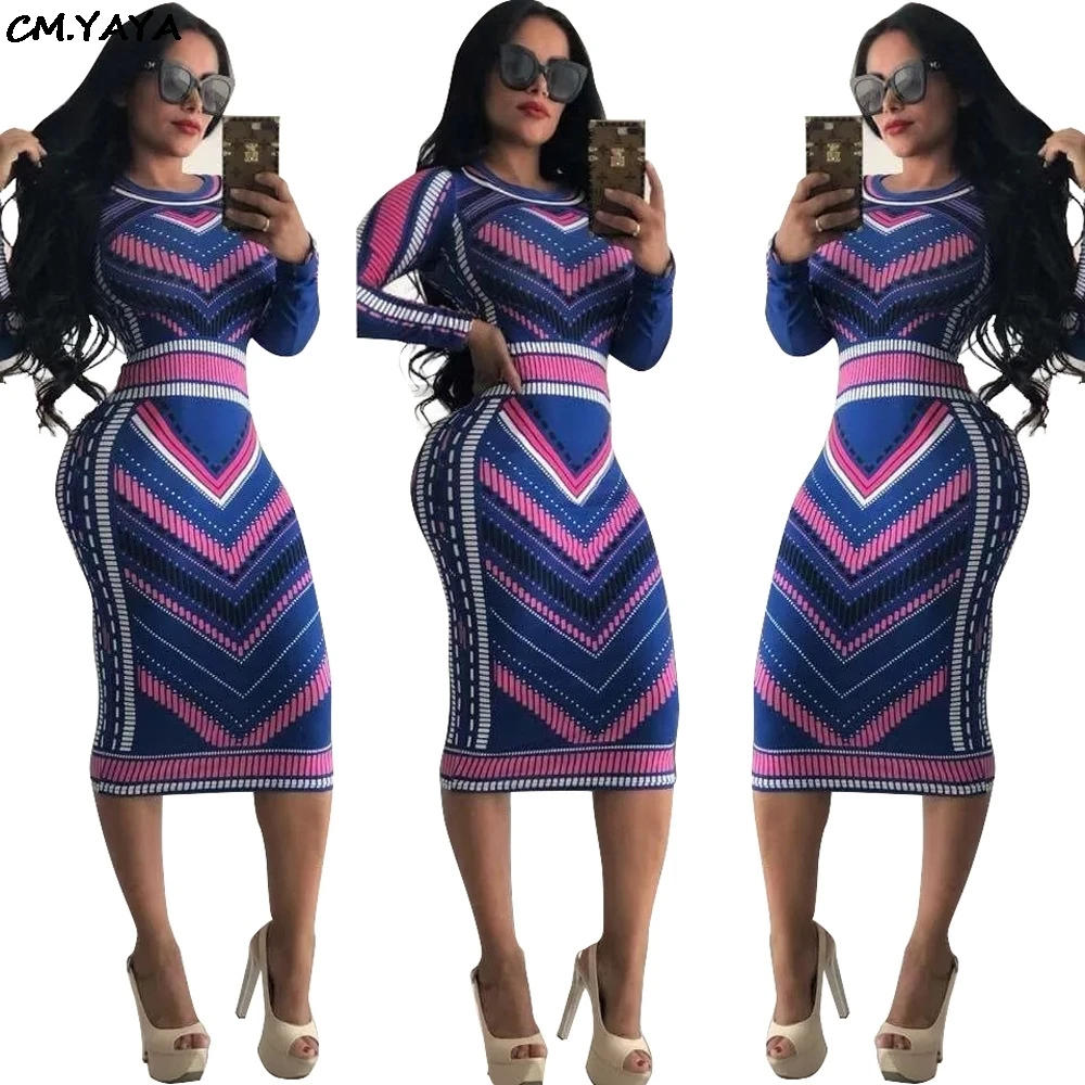 women sexy bodycon bandage knee length high waist long sleeve striped paisley print o-neck midi dress black white color 2357-3 | Женская