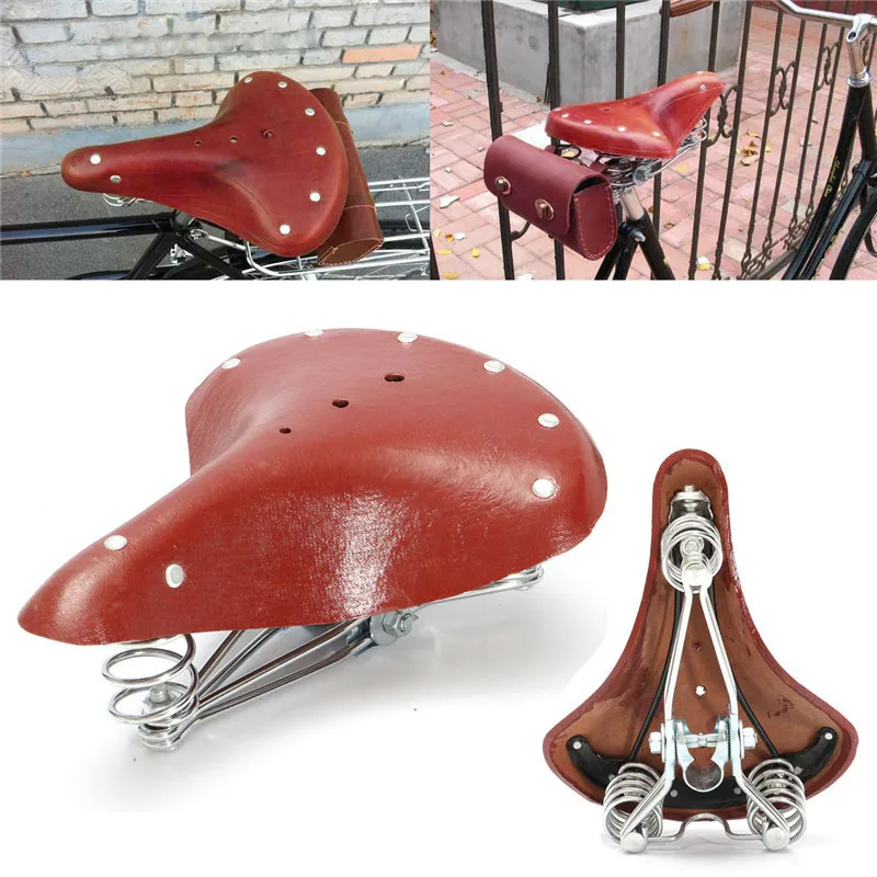 

Bicycle Saddle Retro Leather Vintage Genuine Leather Classic Bike Saddle Seat Mat Genuine Saddle Cushion with Spring