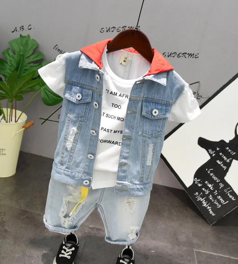 

Cool Toddler Girls Clothing Outfit Denim Vest + Short Sleeve T-Shirt+ Hole Denim Pants Kids Boys Summer Children's Clothes Set